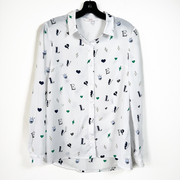 SOUP Shirt Long Sleeves White with Multicolored Print Semi-Shear Top Size XS - Picture 1 of 11